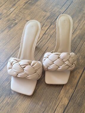 Braided Slide Heels in Nude - Women's Stylish Open-Toe Sandals